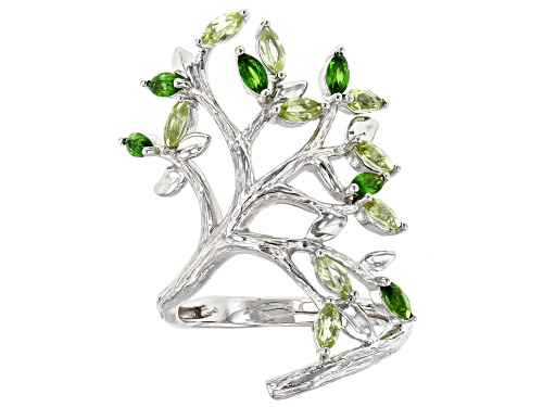 Photo of 0.49ctw Chrome Diopside With 0.77ctw Manchurian Peridot(TM) Rhodium Over Silver Tree Of Life Ring - Size 7