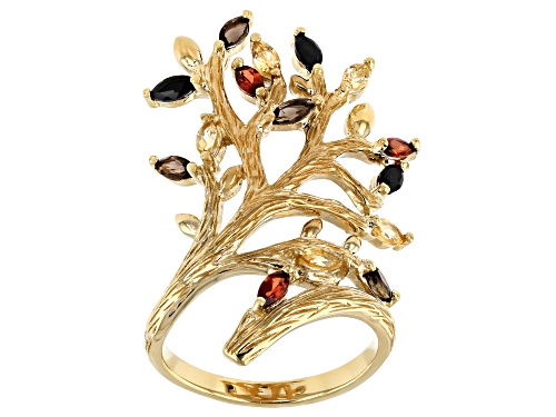 1.03ctw Citrine, Garnet, Smoky Quartz & Black Spinel 18k Yellow Gold Over Silver Tree of Life Ring - Size 7