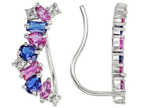 Photo of 1.93ctw Lab Created Pink & White Sapphire & Lab Created Blue Spinel Rhodium Over Silver Ear Climbers