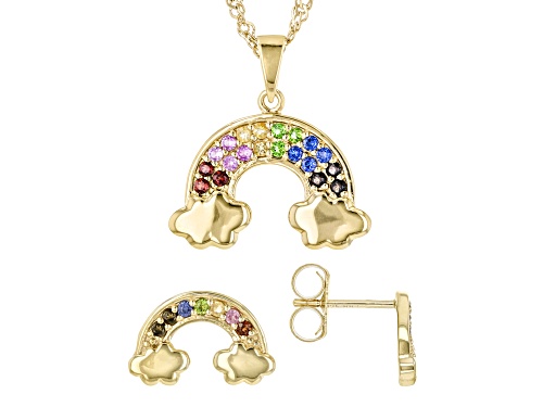 0.47ctw Multi-Gem 18K Yellow Gold Over Sterling Silver Rainbow Pendant With Chain And Earring Set