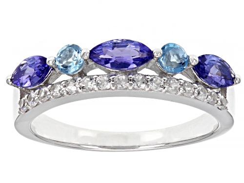 0.64ctw Tanzanite with 0.24ctw Swiss Blue Topaz and 0.27ctw White Zircon Rhodium Over Silver Ring - Size 9