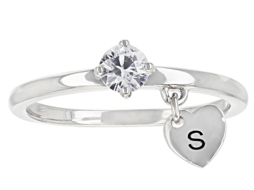 0.35ct Round White Zircon Rhodium Over Sterling Silver Heart Charm Initial "S" Ring - Size 8