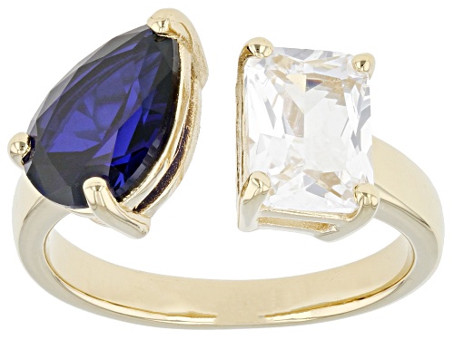 2.00ct Pear Shape Lab Blue Sapphire & 2.00ct Lab White Sapphire 18k Yellow Gold Over Silver Ring - Size 6