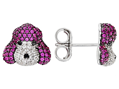 Photo of 0.69ctw Lab Ruby, 0.03ctw Black Spinel & 0.50ctw  Zircon Rhodium Over Silver Poodle Stud Earrings