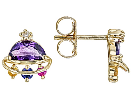 1.02ctw Amethyst With .30ctw Multi-Gemstone 18k Yellow Gold Over Silver Space Ship Stud Earrings