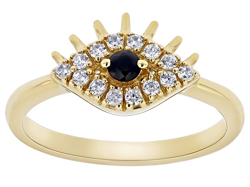 .12ct Round Black Spinel With .26ctw White Zircon 18k Yellow Gold Over Sterling Silver Evil Eye Ring - Size 6