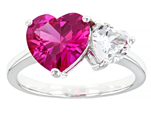 3.35ct Heart Lab Created Pink & 0.95ctw Lab White Sapphire Rhodium Over Sterling Silver 2-Stone Ring - Size 9
