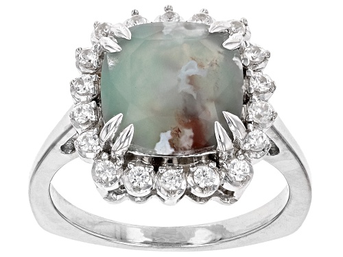 10mm Square Cushion Aquaprase® With 0.48ctw White Zircon Rhodium Over Sterling Silver Ring - Size 6
