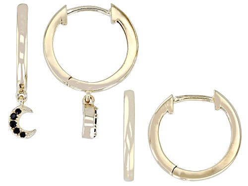 0.07ctw Round Black Spinel Moon And Solid 18k Yellow Gold Over Sterling Silver Hoop Earring Set