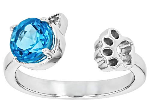 1.40ct Swiss Blue Topaz With 0.01ctw Diamond Accent Rhodium Over Sterling Silver Cat Hug Cuff Ring - Size 7