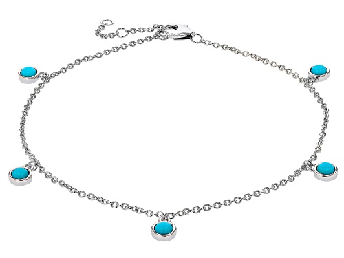 4mm Round Sleeping Beauty Turquoise Rhodium Over Sterling Silver 5-Stone Dangle Anklet - Size 9