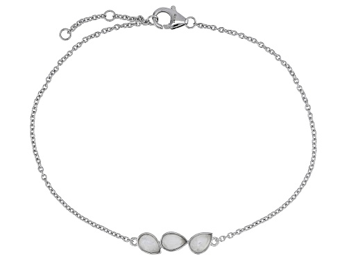 6x4mm Pear Shape Rainbow Moonstone Rhodium Over Sterling Silver 3-Stone Anklet - Size 9