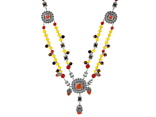 Photo of Global Destinations™ Yellow & Red Onyx With Brown Tiger's Eye Rhodium Over Silver Bead Necklace - Size 18