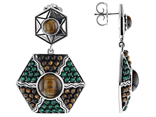 Global Destinations™ Tiger's Eye And Green Onyx Bead Rhodium Over Sterling Silver Dangle Earrings