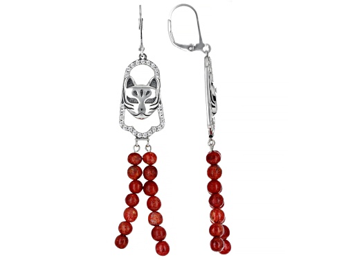 Global Destinations™ 0.85ctw Red Sponge Coral With White Zircon Sterling Silver Cat Earrings