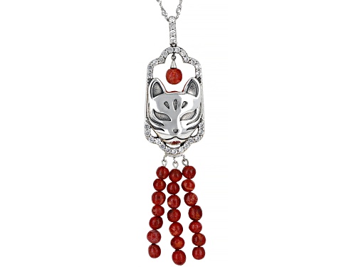 Global Destinations™ Red Sponge Coral With 0.93ctw White Zircon Silver Cat Pendant With Chain