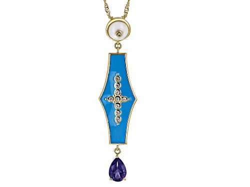 Photo of Global Destinations™ Multi Gemstone with Blue Enamel 18k Yellow Gold Over Brass Pendant With Chain