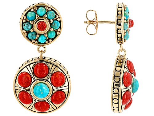 Photo of Global Destinations™ Red Sponge Coral and Turquoise 18k Yellow Gold Over Brass Earrings