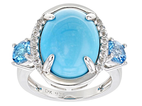 16x12mm Sleeping Beauty Turquoise With 1.00ctw Swiss Blue & White Topaz Rhodium Over Silver Ring - Size 6