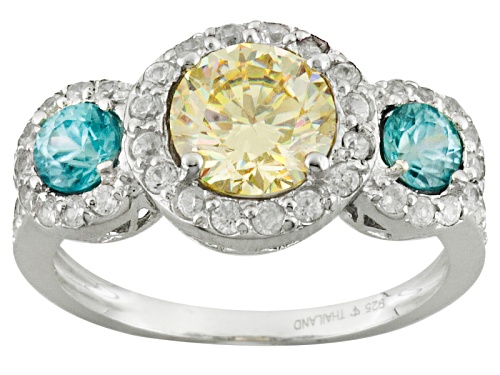 1.72ct Strontium Titanate and .66ctw Blue Zircon with .81ctw White Zircon Silver Ring - Size 12