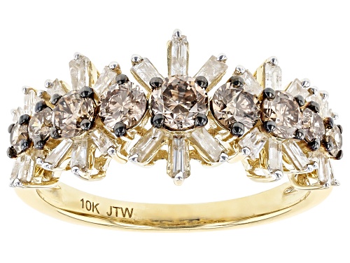 1.50ctw Round And Baguette Champagne And White Diamond 10K Yellow Gold Ring - Size 5