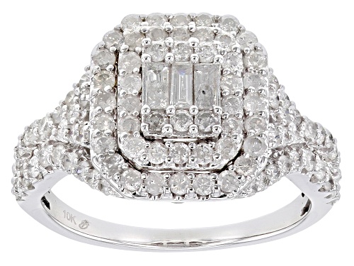 1.25ctw Round And Baguette White Diamond 10k White Gold Cluster Ring - Size 5
