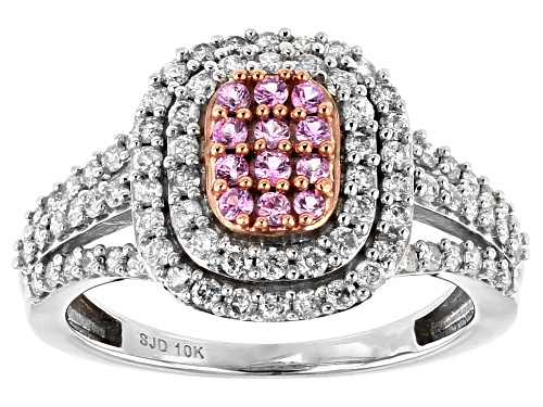0.16ctw Round Pink Sapphire & 0.79ctw Round White Diamond 10K White Gold Cluster Ring - Size 6