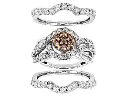 2.45ctw Round And Baguette Champagne And White Diamond 10K White Gold Cluster Ring With 2 Bands - Size 7
