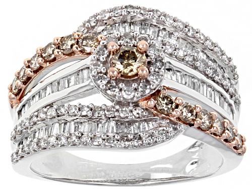 Photo of 1.25ctw Baguette And Round White Diamond With Round Champagne Diamond 10k White Gold Crossover Ring - Size 7