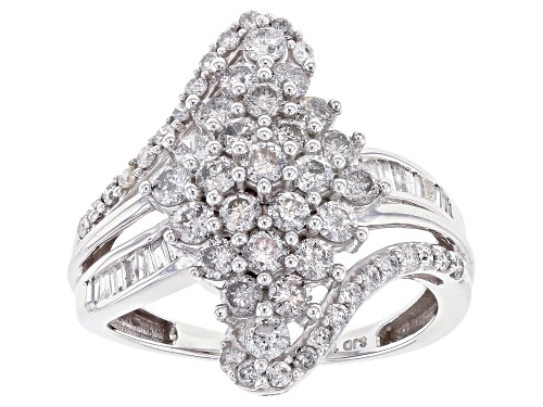1.50ctw Round And Baguette White Diamond 10k White Gold Cluster Bypass Ring - Size 7
