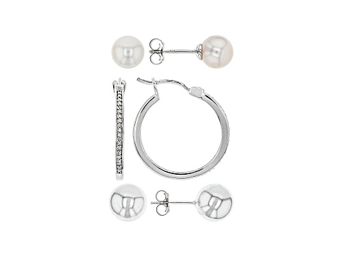 Photo of 8mm White Cultured Freshwater Pearl And White Diamond Rhodium Over Silver Earring Set Of 3 0.10ctw