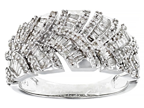 0.79ctw Baguette And Round White Diamond Rhodium Over Sterling Silver Band Ring - Size 5