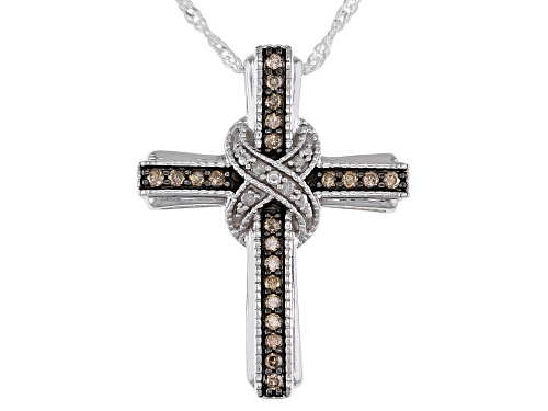 Photo of 0.25ctw Round Champagne And White Diamond Rhodium Over Sterling Silver Cross Pendant With Chain
