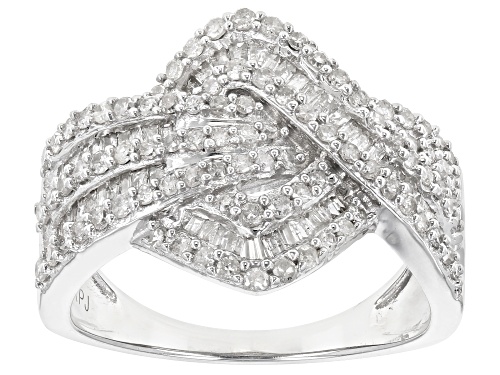 Photo of 1.00ctw Round And Baguette White Diamond Rhodium Over Sterling Silver Cluster Ring - Size 5