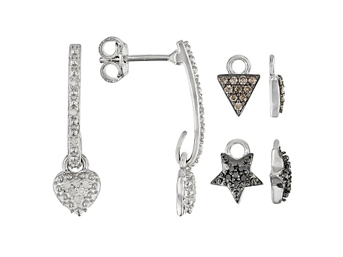 0.35ctw Champagne, Black, & White Diamond Rhodium Over Silver Earrings With Interchangeable Charms