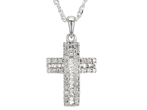 0.25ctw Round And Baguette White Diamond Rhodium Over Sterling Silver Cross Pendant & Chain