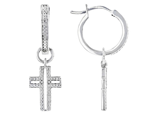 Photo of Round White Diamond Accent Rhodium Over Sterling Silver Cross Charm Hoop Earrings