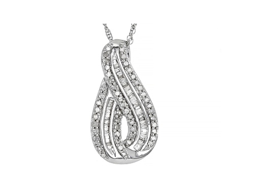 0.50ctw Round And Baguette White Diamond Rhodium Over Sterling Silver Slide Pendant With Rope Chain