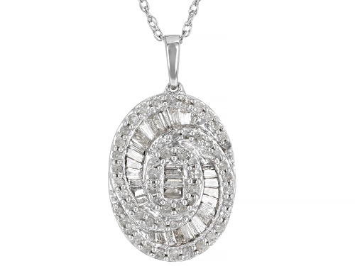 .75ctw Baguette And Round White Diamond Rhodium Over Sterling Silver Cluster Pendant With Rope Chain