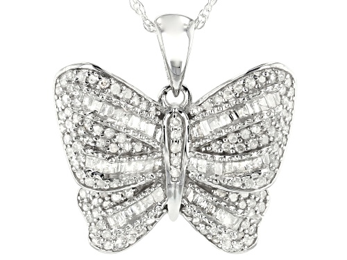 0.75ctw Round And Baguette White Diamond Rhodium Over Sterling Silver Pendant With 18 Inch Chain