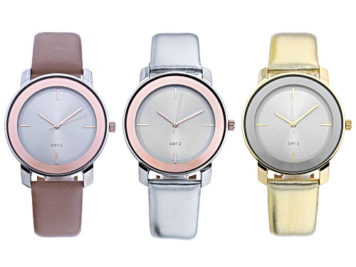 Photo of Ladies Silver and Gold Tone Alloy, Pink, Silver, and Gold Leather Band Watch Set of 3