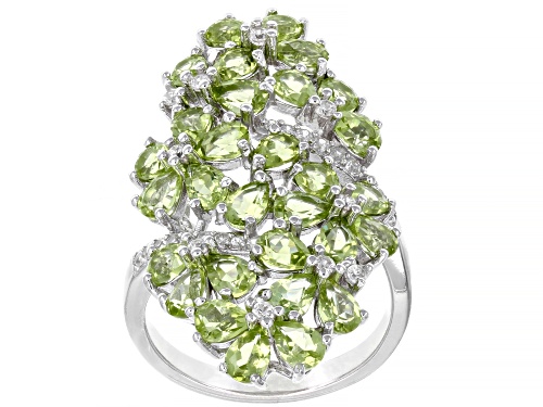 4.17CTW PEAR SHAPE MANCHURIAN PERIDOT(TM) WITH .37CTW WHITE ZIRCON RHODIUM OVER SILVER RING - Size 7