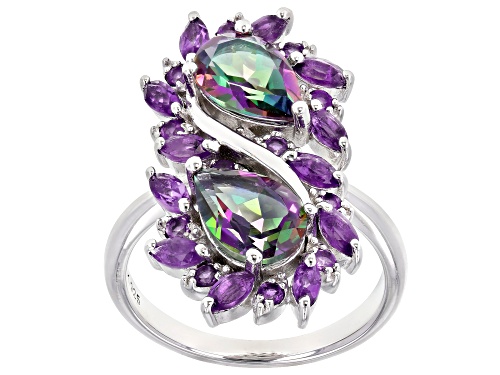 Photo of 2.55ctw Pear Shape Mystic Fire(R) Green Topaz, 1.22ctw Amethyst Rhodium Over Silver Bypass Ring - Size 7