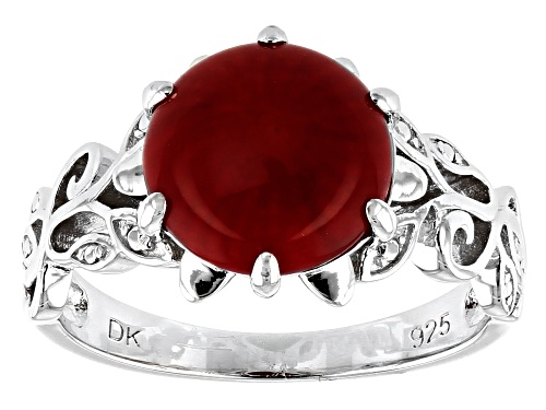10MM ROUND CABOCHON RED CORAL RHODIUM OVER STERLING SILVER RING - Size 6