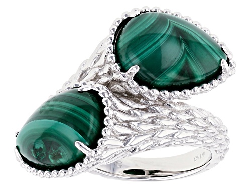 14X10mm pear shape malachite cabochon sterling silver 2-stone bypass ring - Size 6