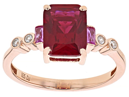 2.25ctw Lab Red Ruby With Lab Pink Sapphire & White Zircon 18k Rose Gold Over Silver Ring - Size 7