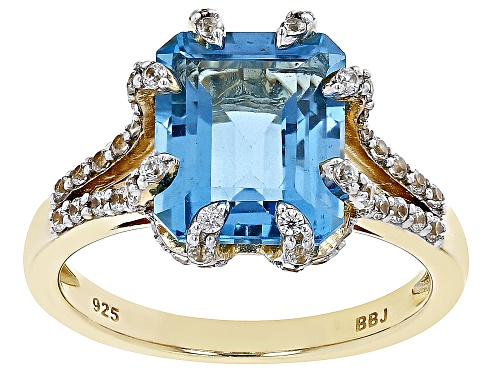5.46ctw Swiss Blue Topaz, White Zircon 18k Yellow Gold Over Silver Ring - Size 7