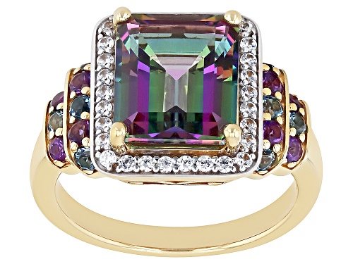 5.62ctw Mystic Topaz®, London Blue Topaz, Amethyst, Zircon 18k Yellow Gold Over Silver Ring - Size 7