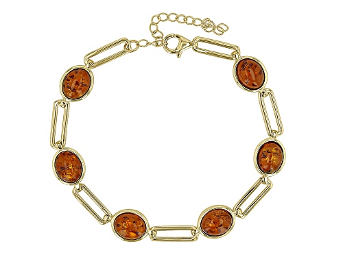 Photo of 10x8mm Amber 18k Yellow Gold Over Sterling Silver Paperclip Station Bracelet - Size 7.5