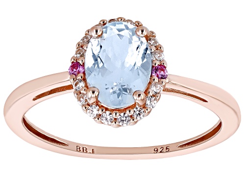 .95ct Aquamarine with 0.18ctw Lab Pink Sapphire & White Zircon 18k Rose Gold Over Silver Ring - Size 10